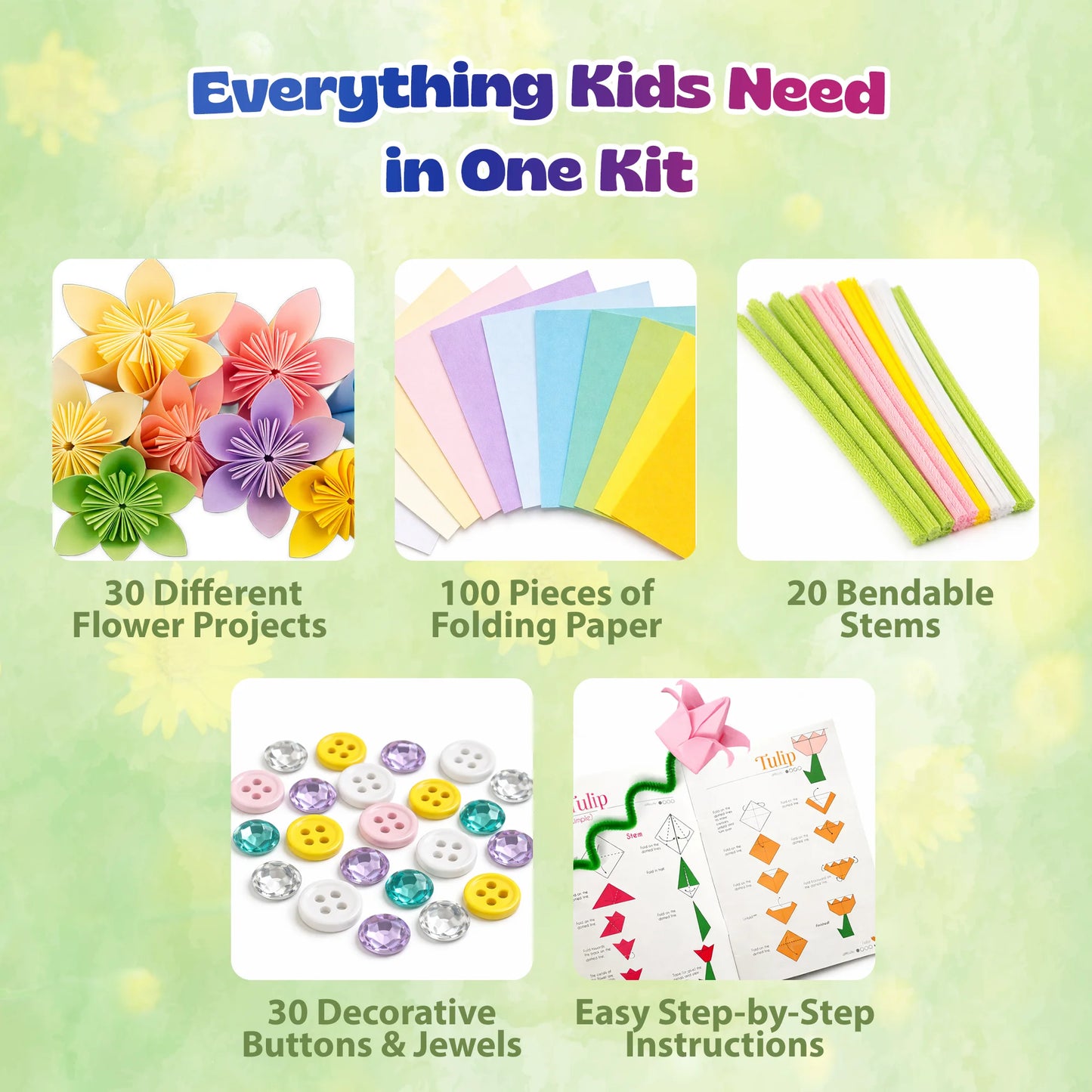 materials and Step-by-step origami flower instructions for kids