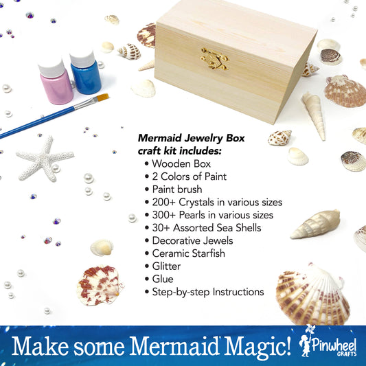 Craft supplies included: wooden box, paint, crystals, pearls and shells