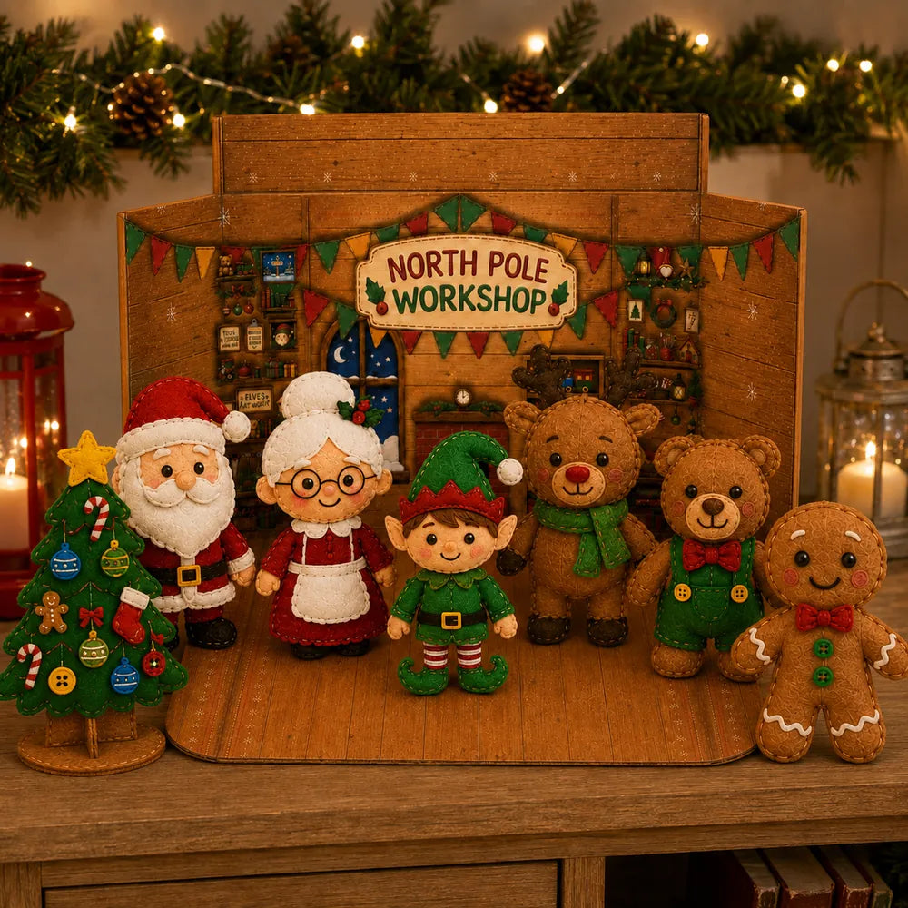 Felt Santa, Mrs. Claus, elf, reindeer, teddy bear, gingerbread man and Christmas tree in the fold-out North Pole Workshop