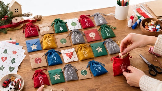 Numbered felt drawstring bags and paper envelopes for days 1 to 24 laid out on a wooden table, with a hand tucking a small wrapped gift into bag 24 beside scissors, twine and markers.