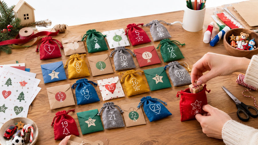 Numbered felt drawstring bags and paper envelopes for days 1 to 24 laid out on a wooden table, with a hand tucking a small wrapped gift into bag 24 beside scissors, twine and markers.