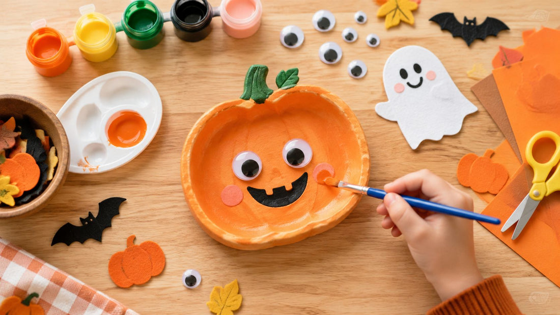 A child painting a smiling orange pumpkin face on a dish, surrounded by paper Halloween shapes, googly eyes and paints.