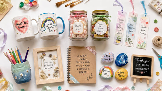 Handmade teacher gifts laid out on a table, including decorated mugs, filled jars, bookmarks, painted rocks, a clay pencil holder, and a framed pressed-flower card.
