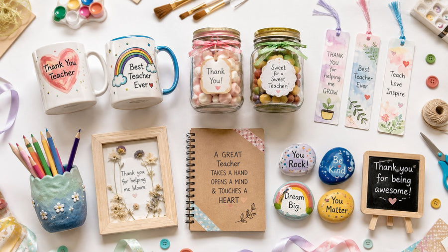 Handmade teacher gifts laid out on a table, including decorated mugs, filled jars, bookmarks, painted rocks, a clay pencil holder, and a framed pressed-flower card.