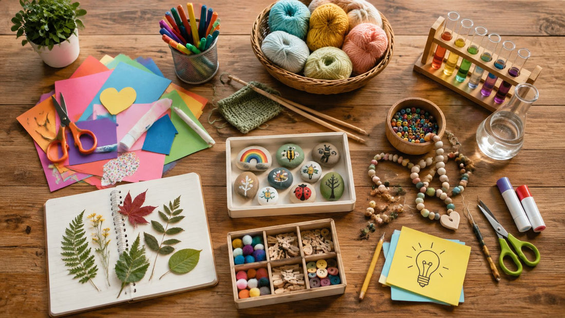 A homeschool craft workspace with paper, paint, yarn, and beads laid out on a wooden table