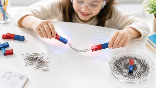 A child in safety glasses holding two bar magnets with a chain of paper clips suspended between them, beside a dish of iron filings.