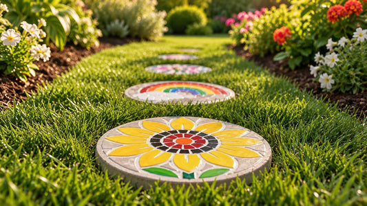 Painted mosaic stepping stones, including a sunflower and a rainbow design, set into a lawn path beside flower beds.