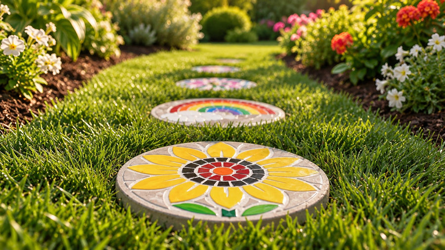 Painted mosaic stepping stones, including a sunflower and a rainbow design, set into a lawn path beside flower beds.