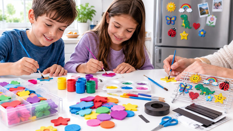 A smiling boy and girl paint foam shapes at a white kitchen table covered with paint pots, foam cutouts, a roll of magnetic tape and scissors, while an adult paints a star beside a rack of finished magnets and a fridge door full of colorful magnets.