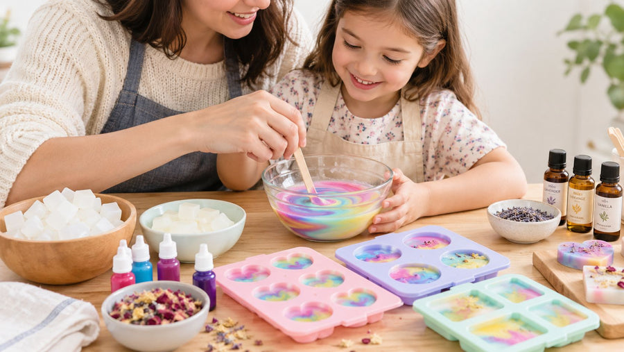 An adult and a child stirring swirled melt-and-pour soap in a glass bowl, with silicone molds, colorants, and cubes of soap base on the table.