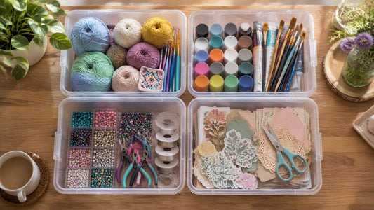 Four clear storage bins on a wooden table holding yarn and crochet hooks, paint pots and brushes, sorted beads with pliers, and patterned papers with scissors.