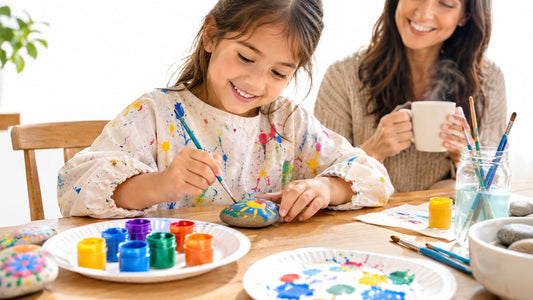 A smiling girl in a paint-splattered smock paints a yellow sun on a rock at a wooden table, with paint pots on a paper plate and a jar of brushes, while a woman holding a mug watches.