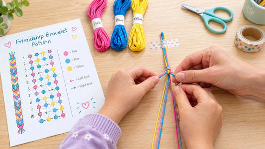 A child's hands tying a knot in pink, blue and yellow strands taped to a wooden table, beside a printed friendship bracelet pattern with colored circles, arrows and a key for left and right knots.