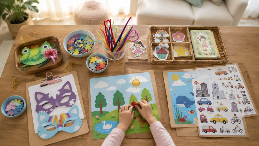 A child's craft workspace with paper, stickers, and beads sorted on a tray to keep the mess contained