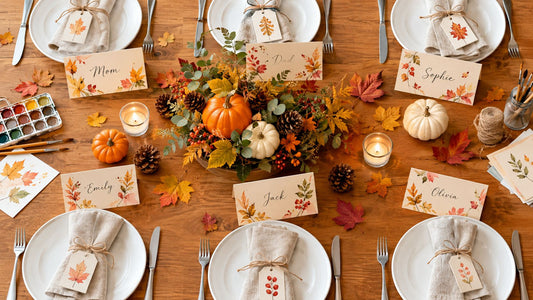 An overhead view of a Thanksgiving table with handwritten name cards decorated with painted autumn leaves at each plate, napkins tied with twine and leaf tags, mini pumpkins, pinecones, a watercolor set and a centerpiece of fall leaves.
