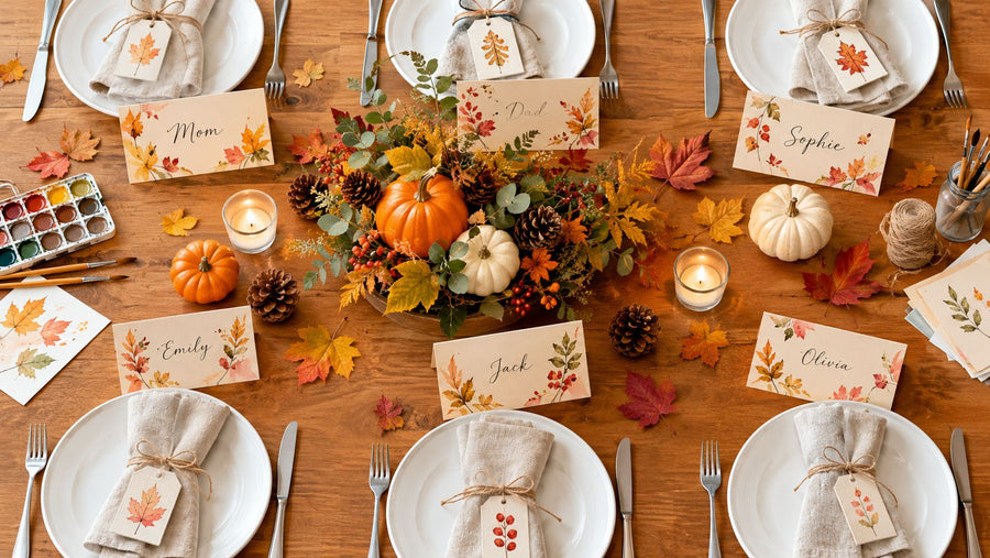An overhead view of a Thanksgiving table with handwritten name cards decorated with painted autumn leaves at each plate, napkins tied with twine and leaf tags, mini pumpkins, pinecones, a watercolor set and a centerpiece of fall leaves.