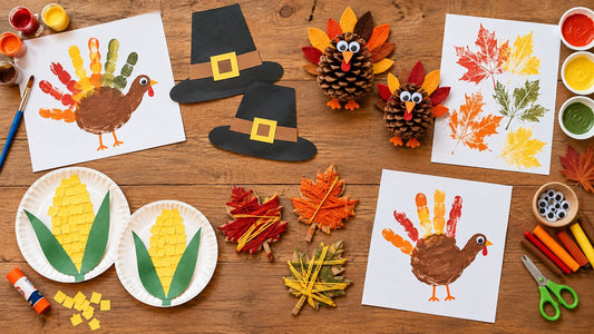 Thanksgiving crafts for preschoolers laid out on a wooden table: two handprint turkeys, pinecone turkeys with googly eyes, paper plate corn, yarn-wrapped paper leaves, leaf prints and black paper hats, with paint pots, scissors and a glue stick.