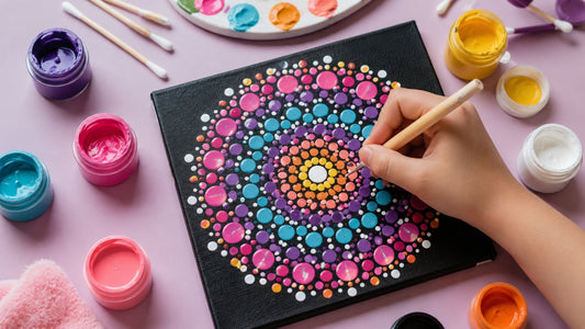 A child's hand uses a dotting tool to build a colorful mandala from painted dots on a black canvas, surrounded by pots of acrylic paint and cotton swabs.