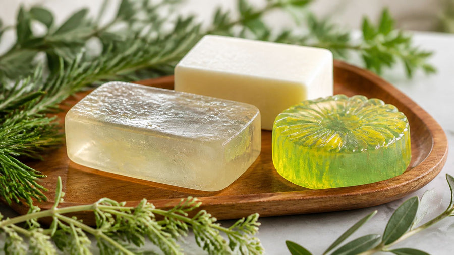 A clear glycerin soap bar, a molded green bar, and an opaque cream-colored bar on a wooden dish surrounded by fresh herbs.