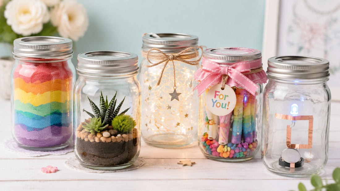 Five decorated mason jars in a row, holding layered rainbow sand, a succulent terrarium, warm fairy lights with a star charm, a candy-filled gift jar with a pink ribbon, and a small LED circuit.