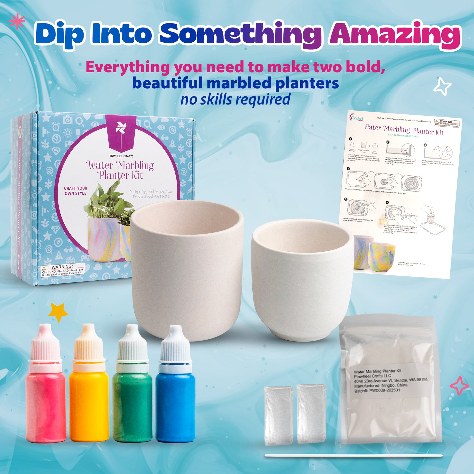 make your own plant pots kit Pinwheel Crafts Water Marbling Planter Kit for Kids