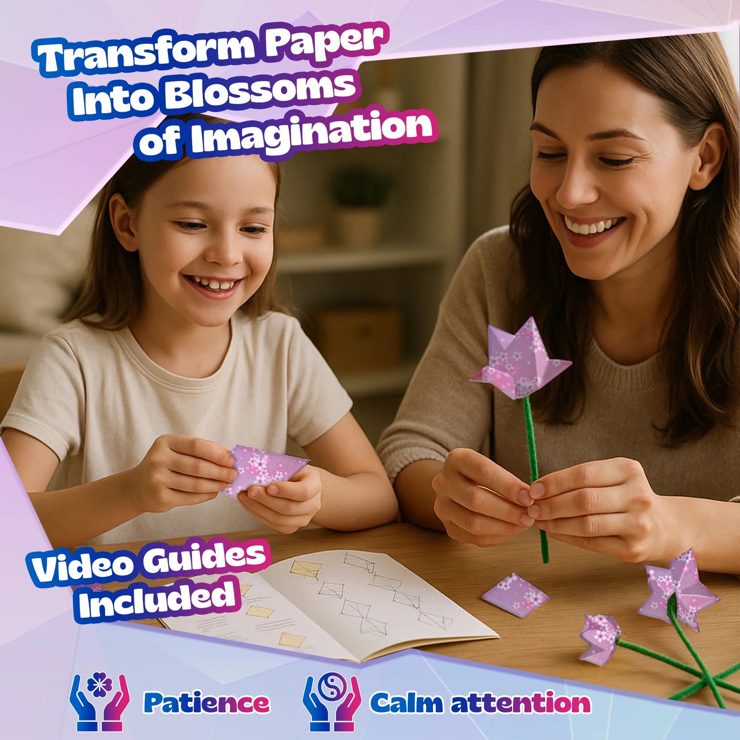 Woman and child making paper flowers with text about transforming paper into blossoms of imagination.