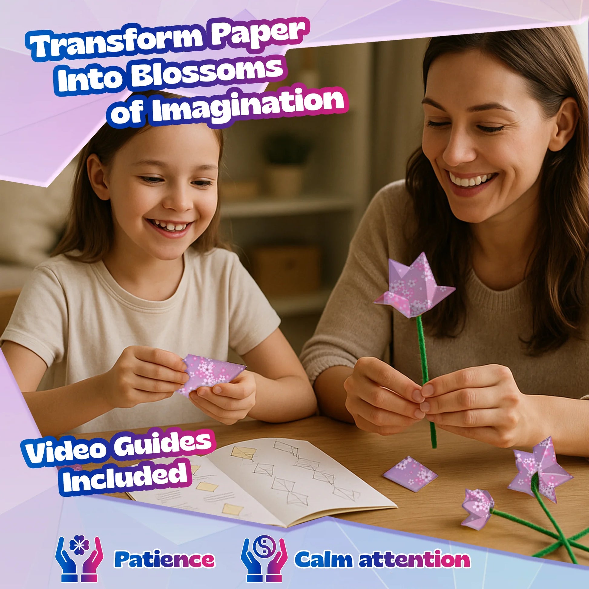 Woman and child making paper flowers with text about transforming paper into blossoms of imagination.