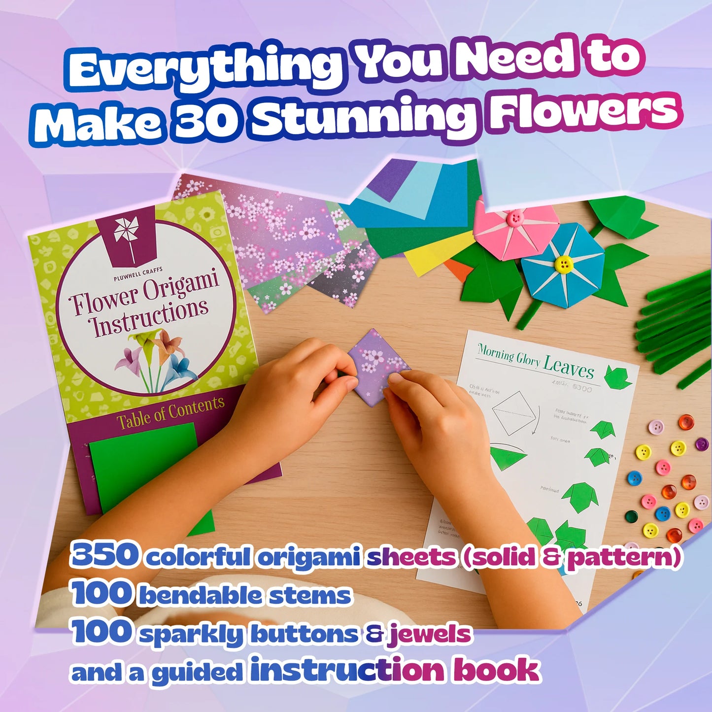 Flower origami kit with instructions and materials on a table