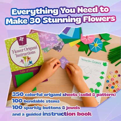 Flower origami kit with instructions and materials on a table