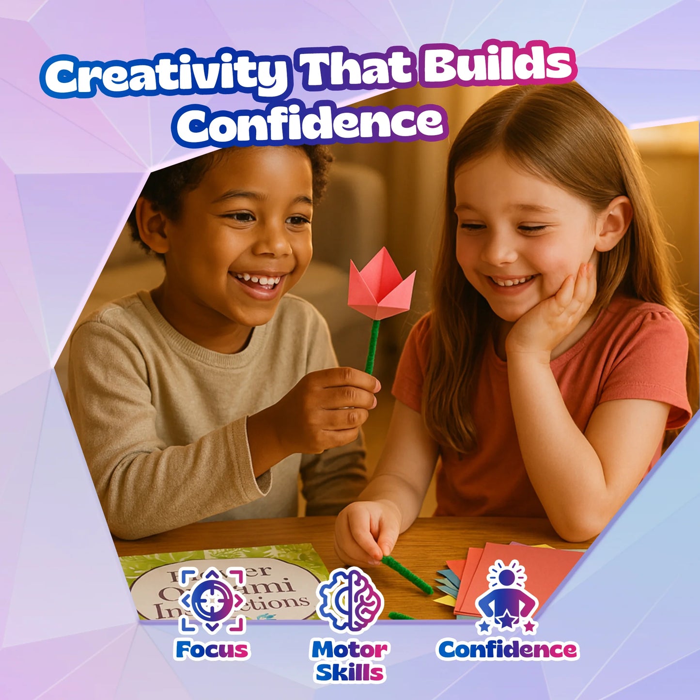 Two children making paper flowers with text about creativity building confidence.
