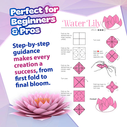Origami instruction sheet for creating a water lily with text on a purple background