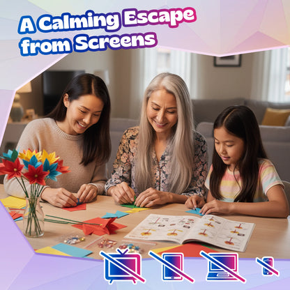 Three women sitting at a table with craft materials, smiling, with text 'A Calming Escape from Screens' and icons indicating a screen-free environment.