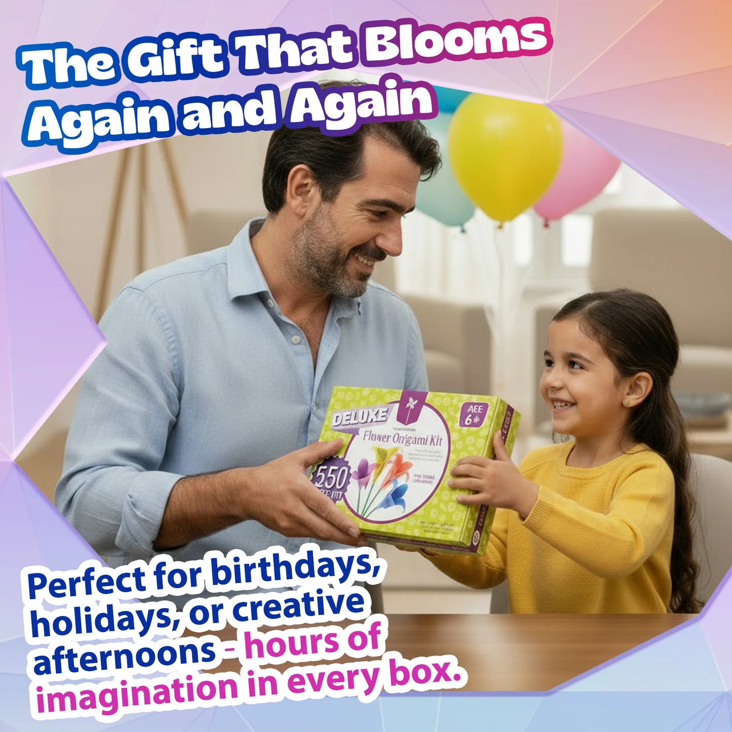 Man and young girl holding a Deluxe Flower Origami Kit with colorful balloons in the background.