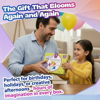 Man and young girl holding a Deluxe Flower Origami Kit with colorful balloons in the background.