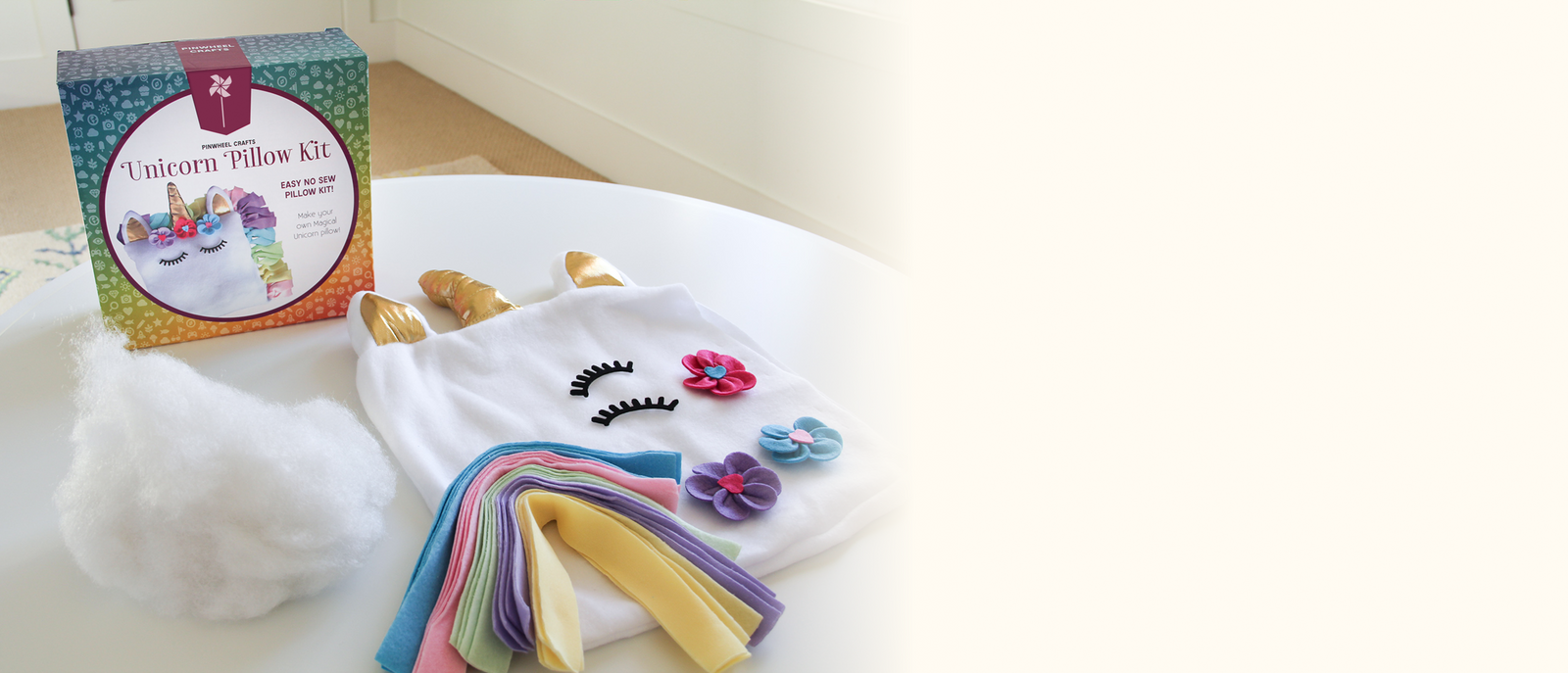 unicorn pillow kit no sewing with packaging on a white surface