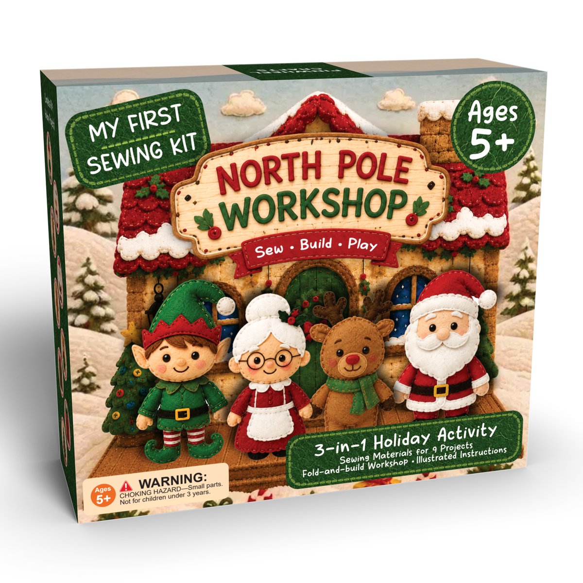 Front of the North Pole Workshop My First Sewing Kit box, ages 5+, a 3-in-1 Sew, Build, Play holiday activity