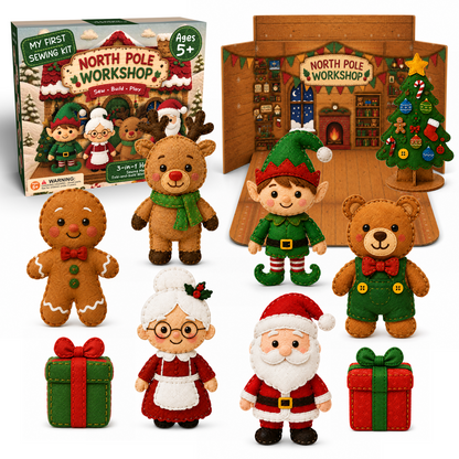 North Pole Workshop Sewing Kit box with 8 finished felt plush characters, the felt Christmas tree, and the workshop playset
