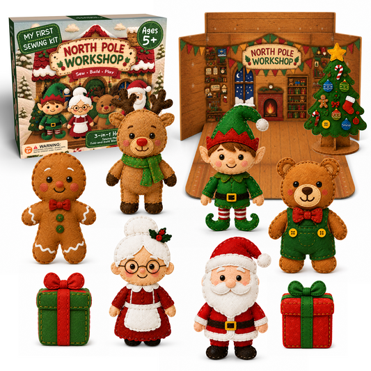 North Pole Workshop Sewing Kit box with 8 finished felt plush characters, the felt Christmas tree, and the workshop playset