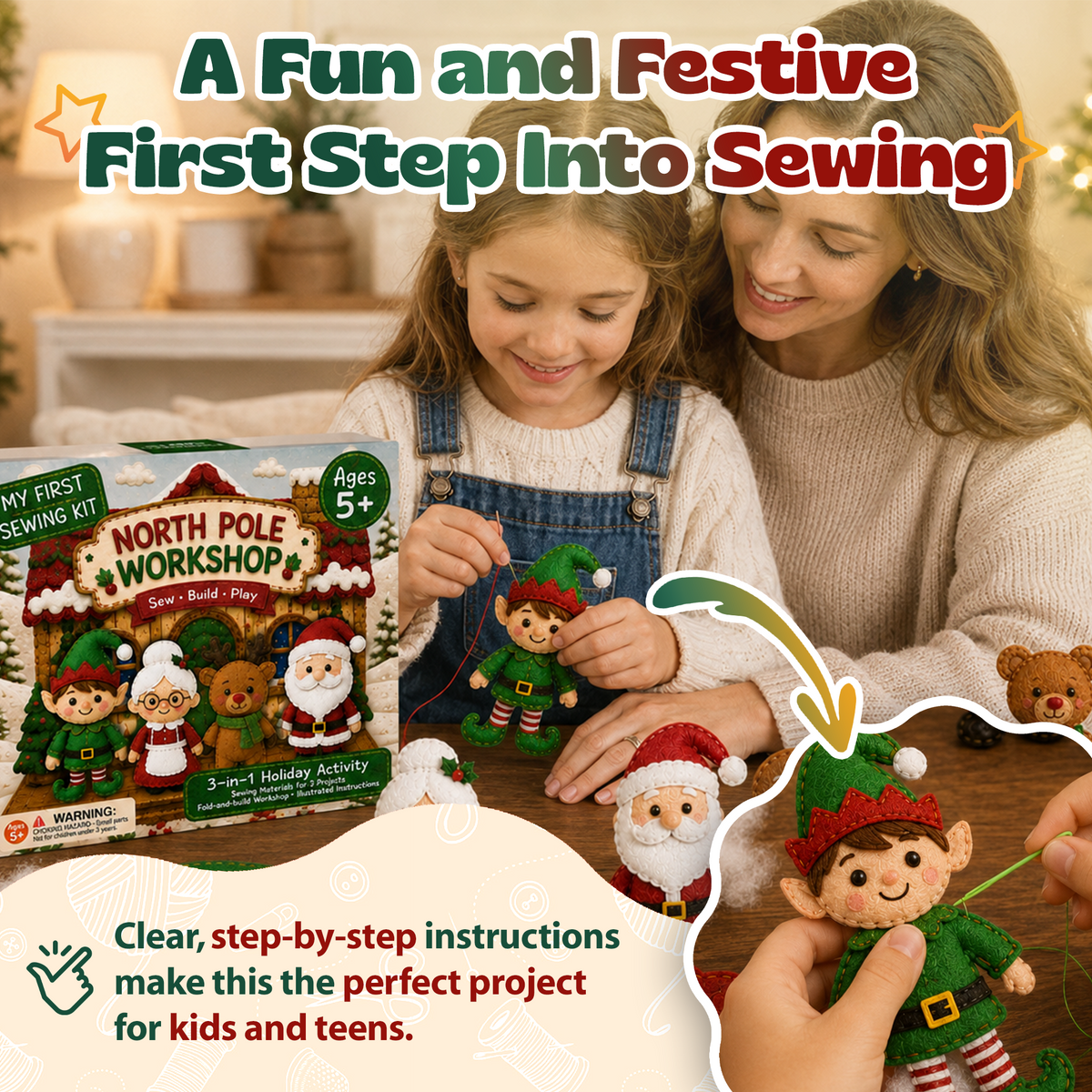 Mother and daughter sewing a felt elf with a plastic needle beside the North Pole Workshop sewing kit box