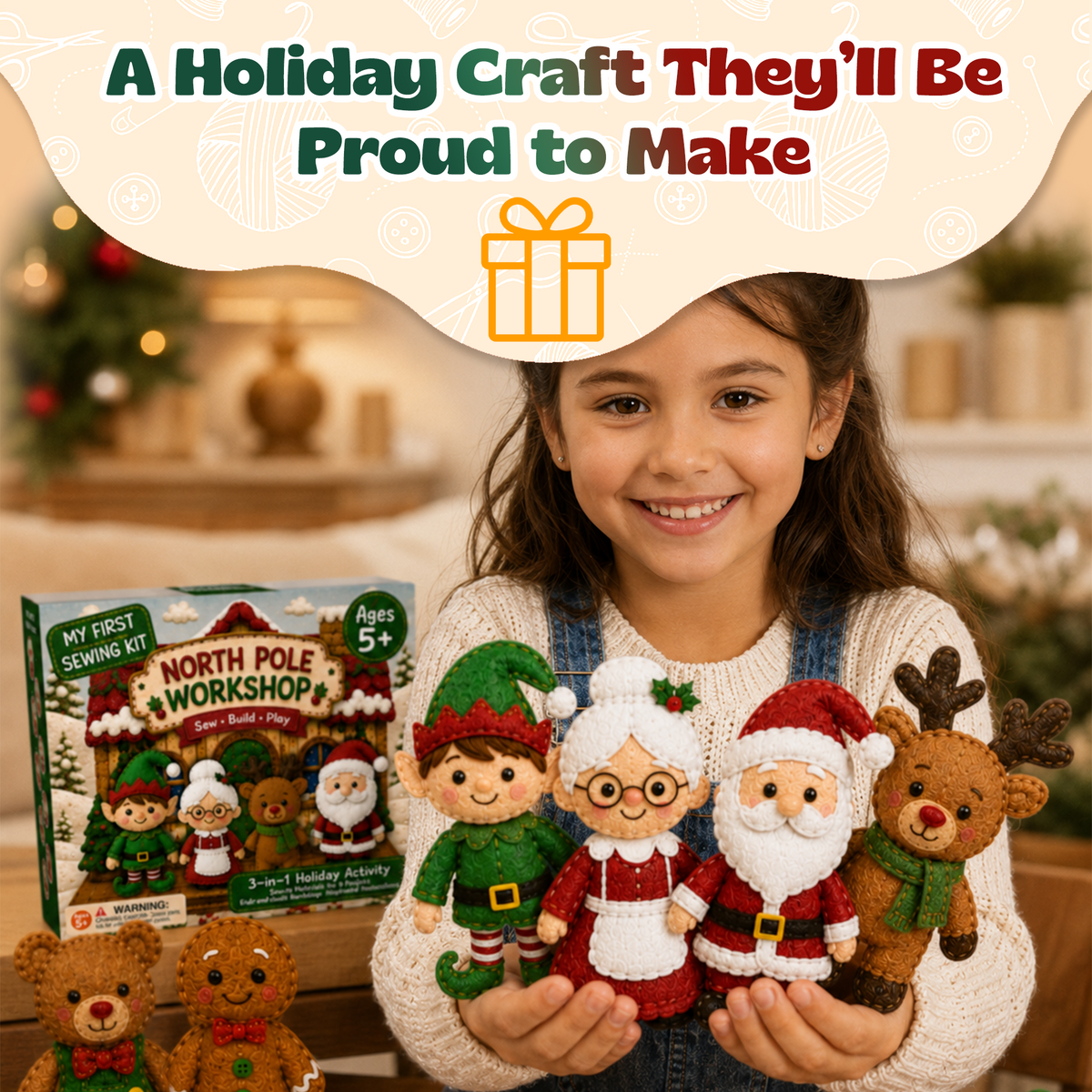 Smiling girl holding her finished felt elf, Mrs. Claus, Santa, and reindeer next to the sewing kit box