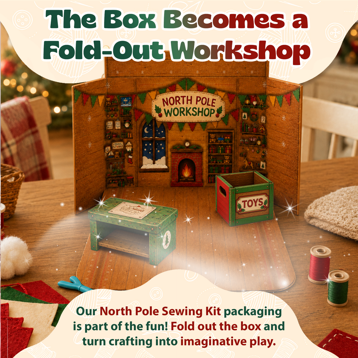 Kit box unfolded into the North Pole Workshop scene with a rug, workbench, and toy chest on a table