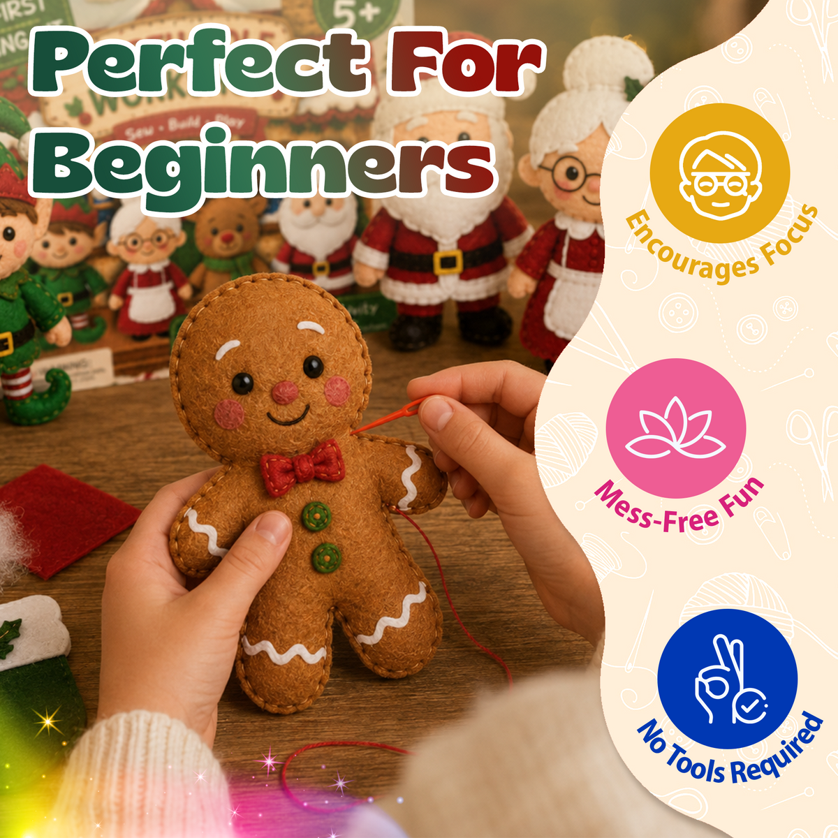 Child stitching the edge of a felt gingerbread man with red thread, finished plush characters behind