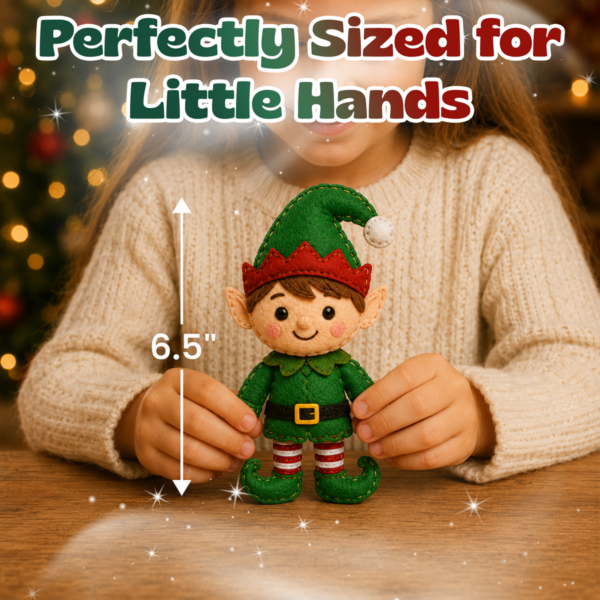 Child holding a finished felt elf plush that measures about 6.5 inches tall