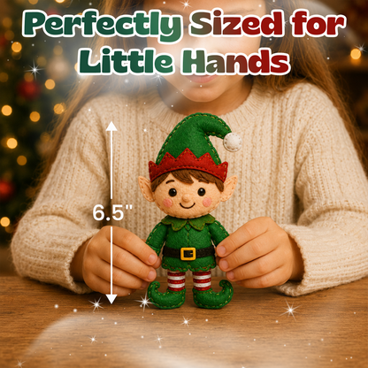 Child holding a finished felt elf plush that measures about 6.5 inches tall