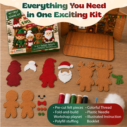 Kit contents laid out: pre-cut felt character pieces, thread spools, plastic needle, stuffing, and the box