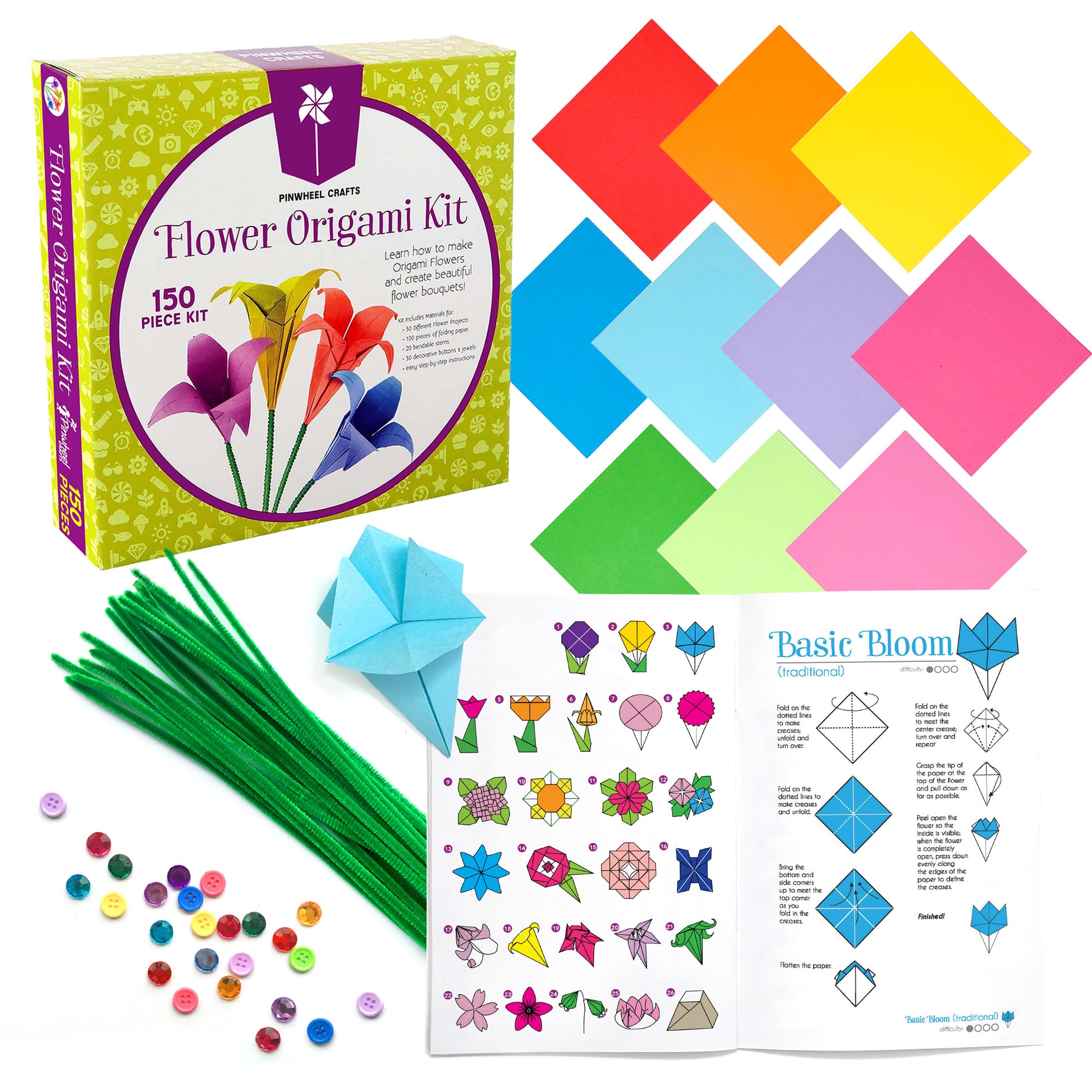Pinwheel Crafts Flower Origami Paper Craft Kit with Buttons Jewels and  Chenille Stems DIY Flower Bouquet 150 Pieces 