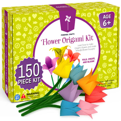 Flower origami kit with colorful flowers and packaging on a white background