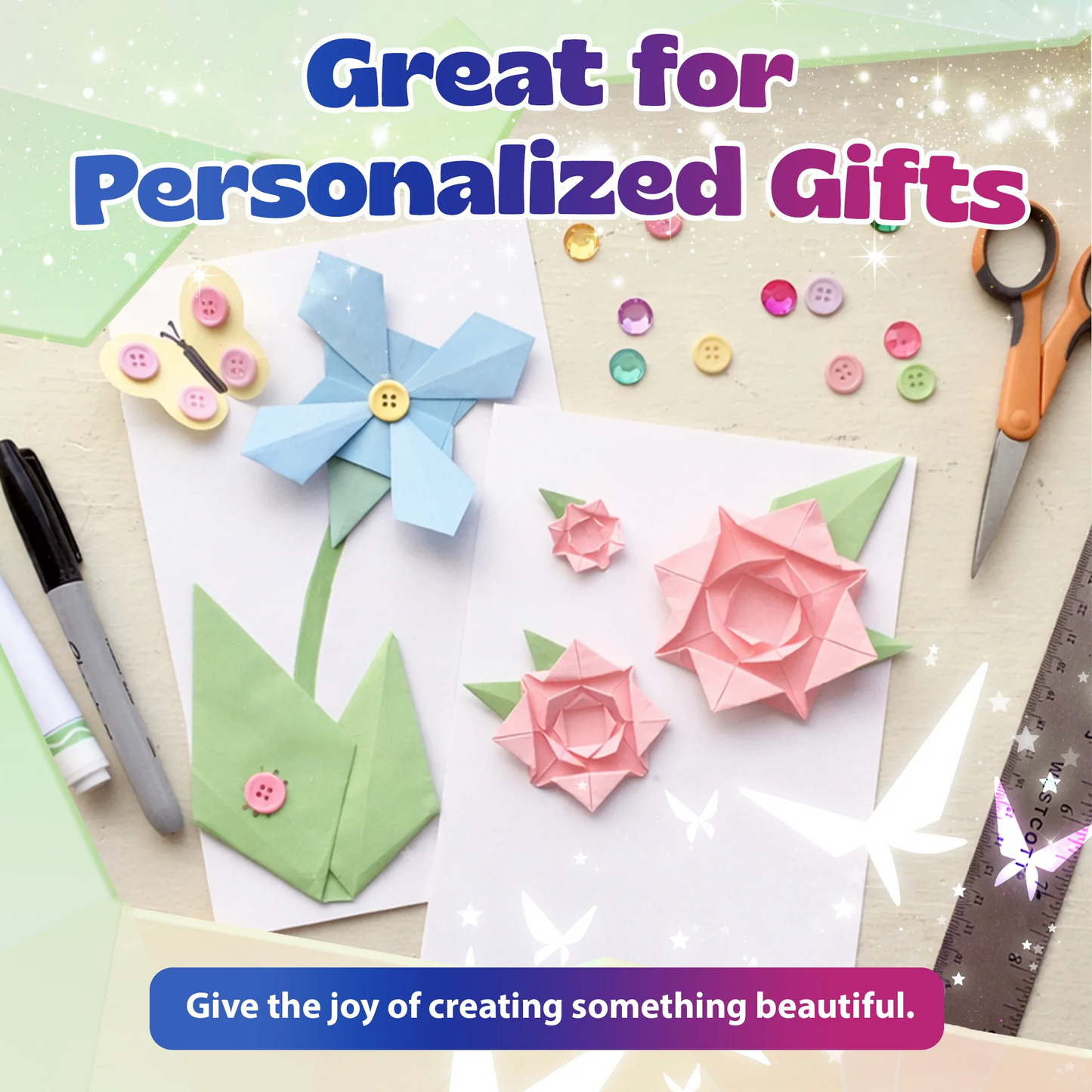 Spring origami kit contents with folding paper, stems, buttons, and jewels