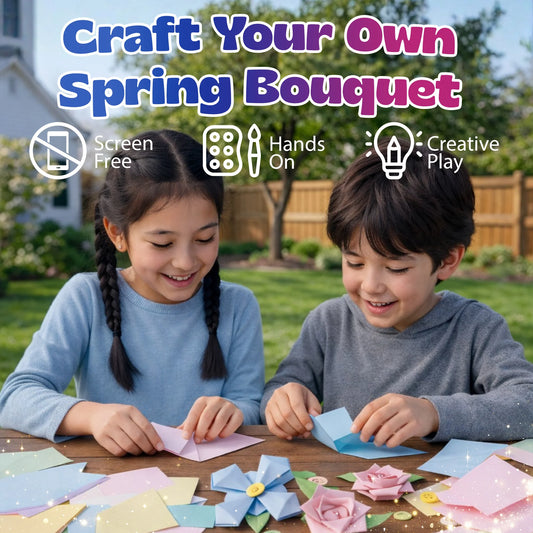 Child folding paper flowers from the Spring Colors origami kit