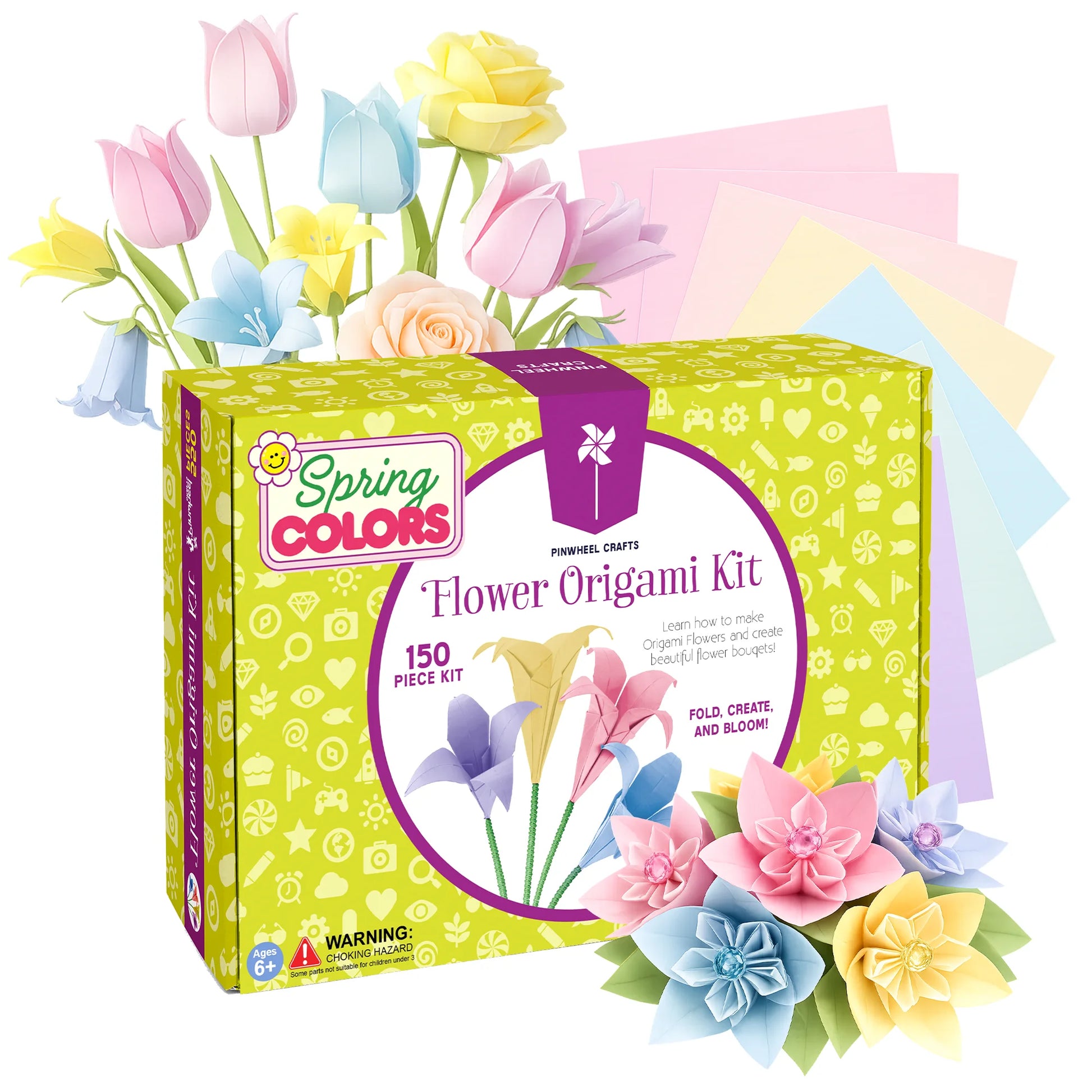 Spring colors flower origami kit box with finished pastel paper flowers